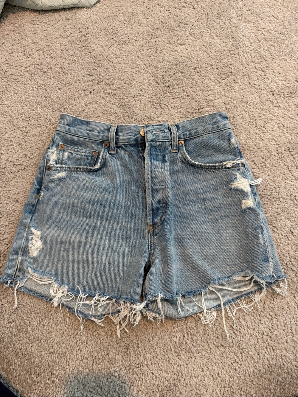 Agolde Distressed Light Blue High-Rise Denim Shorts
